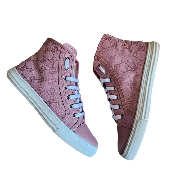 Gucci Rebel High Top GG Sneakers EU 37 US 7 Pink Monogram Canvas Lace Up Cap Toe - Picture 3 of 11